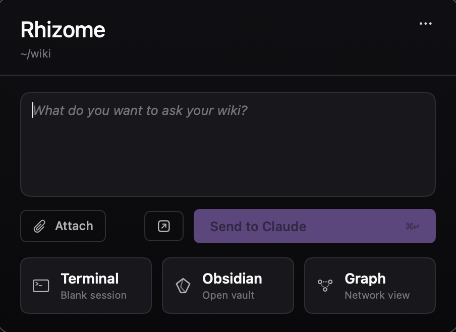 Rhizome macOS menu-bar app home screen